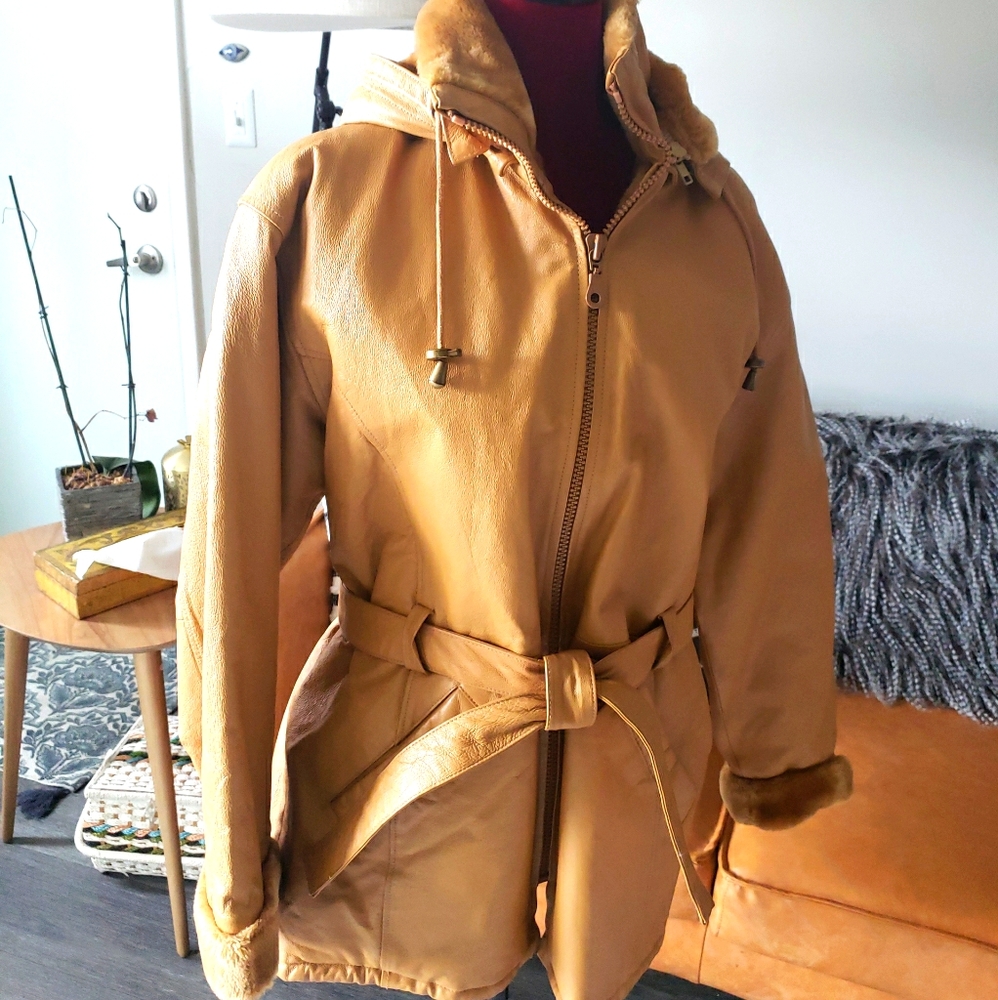 Vintage Wilda Genuine Leather Tan Hooded Coat M
